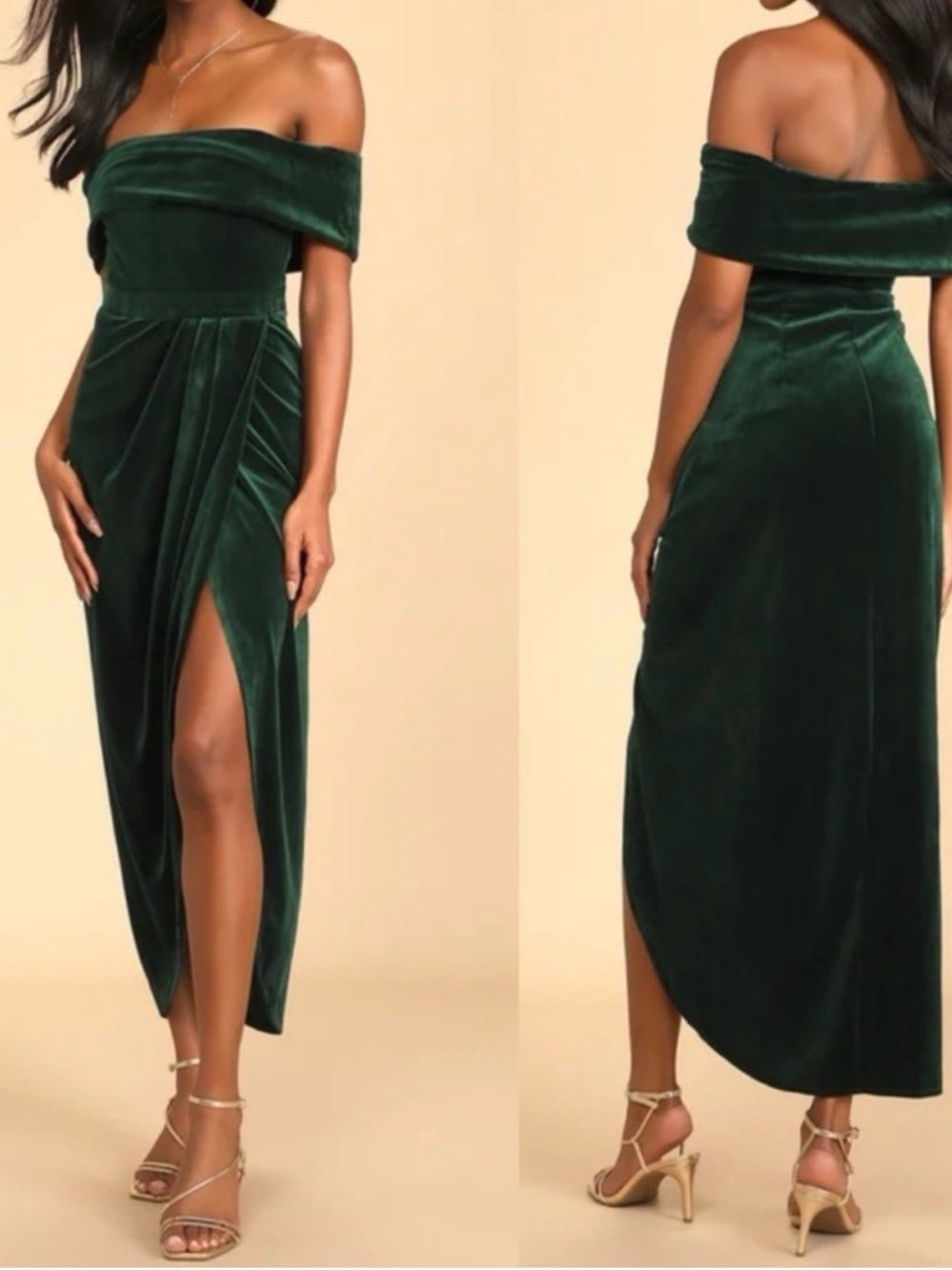 Lulus I’m Enchanted Off-Shoulder Emerald Green Velvet Slit Dress M - Picture 3 of 13